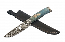 Нож "Леший" Дамасская сталь, гравировка по металлу "Охотники на привале", стабилизированная карельская береза