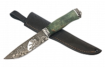 Нож "Леший" Дамасская сталь, гравировка по металлу "Охотник", стабилизированная карельская береза