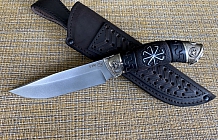 Нож "Леший" сталь S 390, рукоять стабилизированный граб с резьбой ручной работы, литье мельхиор "Коловрат"