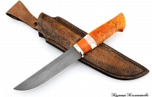 Нож "Мангуст" Литой булат, рукоять стабилизированная карельская береза, ножны-кожа растительного дубления