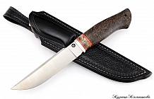 Нож "Охотник" сталь S390, рукоять стабилизированная карельская береза, вставка зуб мамонта, ножны- кожа растительного дубления