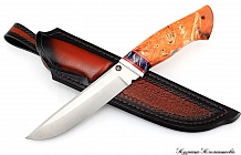 Нож "Егерь" сталь S390, рукоять кап клена, вставка зуб мамонта, ножны-Итальянская кожа растительного дубления