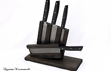 Набор кухонных ножей из булатной стали, рукоять цельноеталическая, накладки G10 черная, подставка