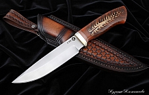 Нож "Леший" сталь S390, рукоять стабилизированная шишка в акриле, ножны-итальянская кожа растительного дубления