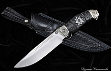 Нож "Леший" сталь S390, рукоять стабилизированный граб, инкрустация коловрат,  ножны растительного дубления