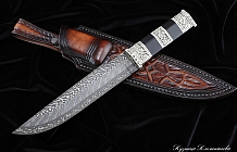 Нож "Охотник" Мозаичный дамаск с никелем, рукоять граб, ножны-итальянская кожа растительного дубления